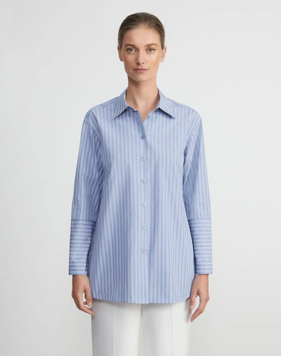 Shop Lafayette 148 Pinstripe Cotton Poplin Oversized Shirt In Blue