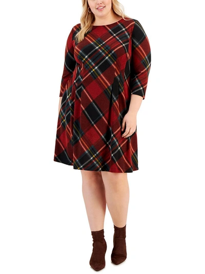 Shop Connected Apparel Plus Womens Knit Plaid Shift Dress In Red
