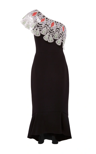 Peter Pilotto One-shoulder Crocheted Lace-paneled Stretch-cady Dress In Black