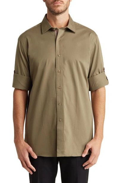Shop Lorenzo Uomo Trim Fit Long Sleeve Cotton Button-up Shirt In Olive
