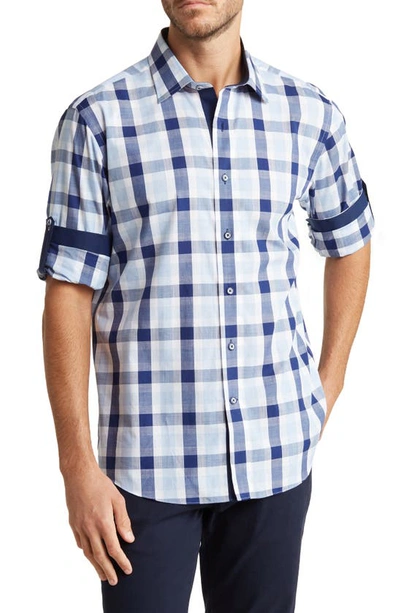 Shop Lorenzo Uomo Check Print Trim Fit Long Sleeve Cotton Button-up Shirt In White/ Navy