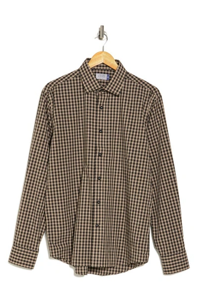 Shop Lorenzo Uomo Check Print Trim Fit Long Sleeve Button-up Shirt In Black/ Tan