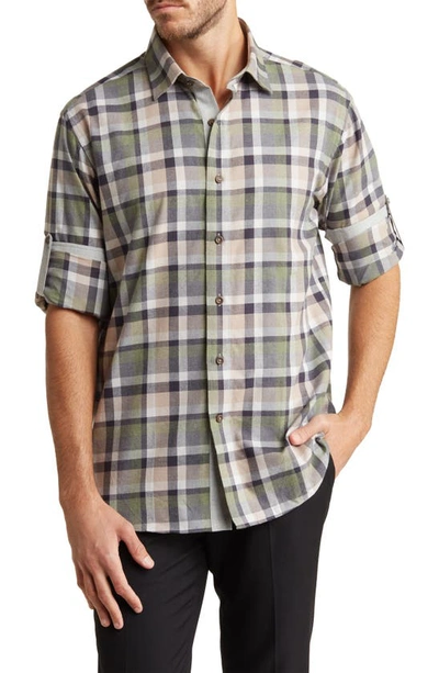 Shop Lorenzo Uomo Check Print Trim Fit Long Sleeve Cotton Flannel Button-up Shirt In Tan/ Hunter