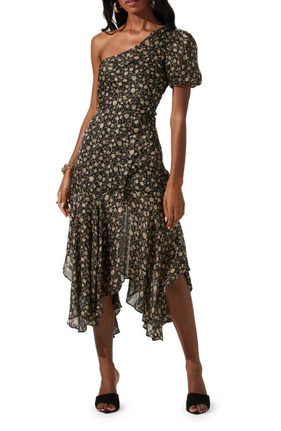 Shop Astr The Label Santorini Floral One Shoulder Dress In Black Taupe Multi