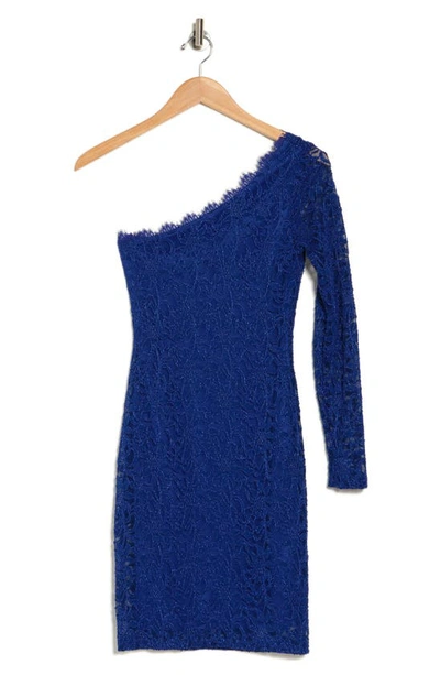 Shop Jump Apparel One-shoulder Long Sleeve Lace Cocktail Dress In Royal