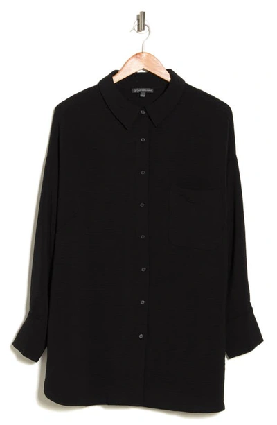 Shop Adrianna Papell Long Sleeve Button-up Tunic Shirt In Black