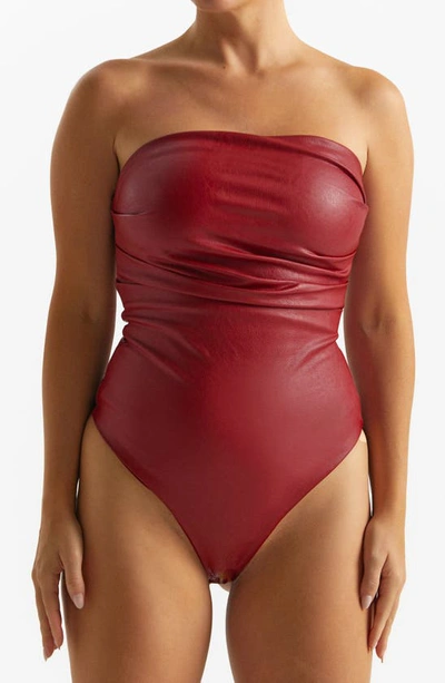 Shop Naked Wardrobe Pleated Strapless Faux Leather Bodysuit In Red