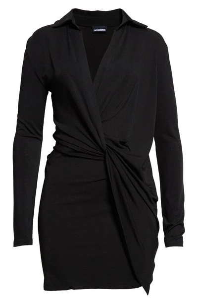 Shop Jacquemus La Robe Bahia Long Sleeve Jersey Minidress In Black