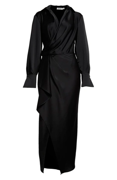 Shop Simkhai Talita Long Sleeve Faux Wrap Satin Dress In Black