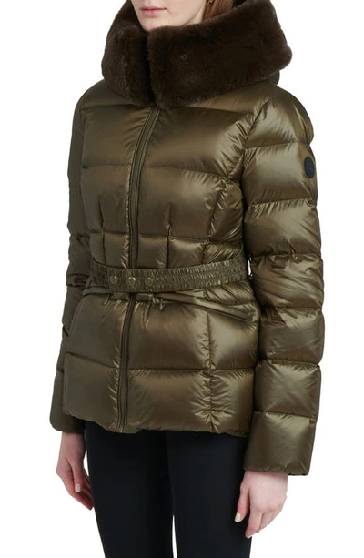 The Recycled Planet Company Lux Faux Fur Lined Water Resistant Down Recycled Nylon Puffer Jacket In Olive