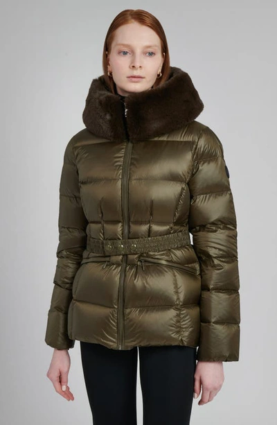 The Recycled Planet Company Lux Faux Fur Lined Water Resistant Down Recycled Nylon Puffer Jacket In Olive