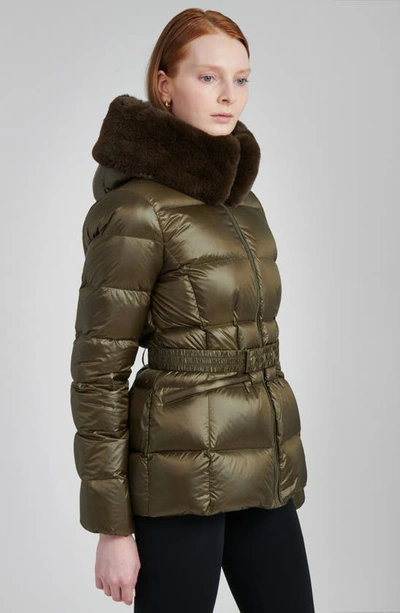 The Recycled Planet Company Lux Faux Fur Lined Water Resistant Down Recycled Nylon Puffer Jacket In Olive