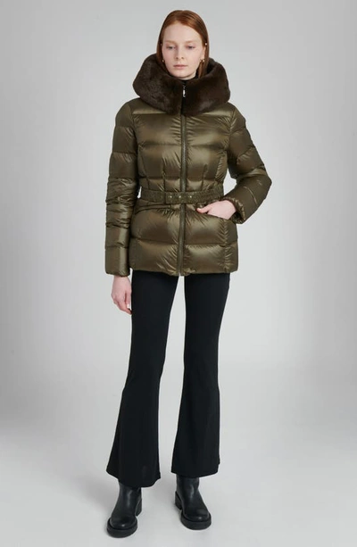 The Recycled Planet Company Lux Faux Fur Lined Water Resistant Down Recycled Nylon Puffer Jacket In Olive