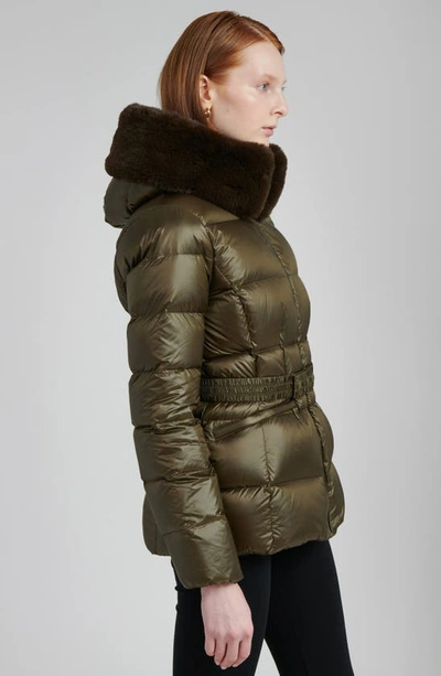 The Recycled Planet Company Lux Faux Fur Lined Water Resistant Down Recycled Nylon Puffer Jacket In Olive