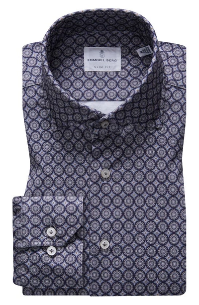 Shop Emanuel Berg 4flex Slim Fit Medallion Print Knit Button-up Shirt In Medium Grey