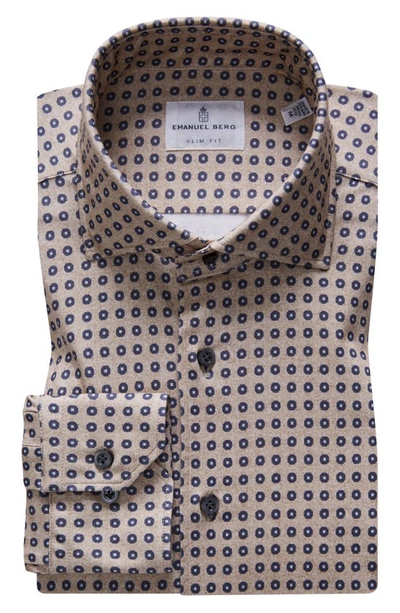 Shop Emanuel Berg 4flex Modern Fit Medallion Print Knit Button-up Shirt In Medium Beige