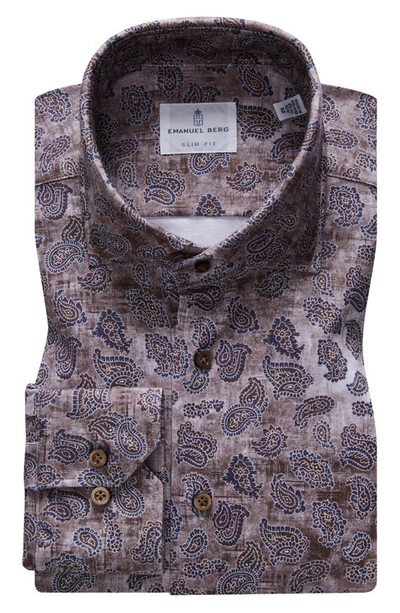 Shop Emanuel Berg 4flex Slim Fit Paisley Print Knit Button-up Shirt In Medium Beige