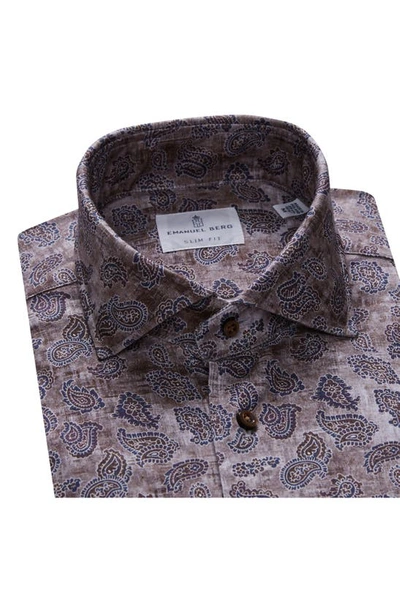 Shop Emanuel Berg 4flex Slim Fit Paisley Print Knit Button-up Shirt In Medium Beige