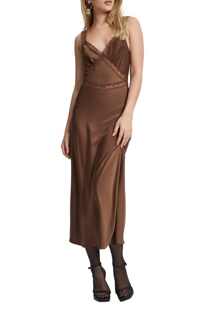 Shop Bardot Emory Lace Trim Cutout Satin Midi Slipdress In Chocolate