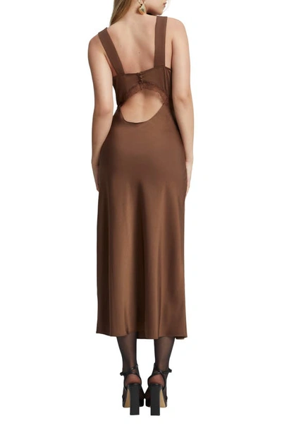 Shop Bardot Emory Lace Trim Cutout Satin Midi Slipdress In Chocolate