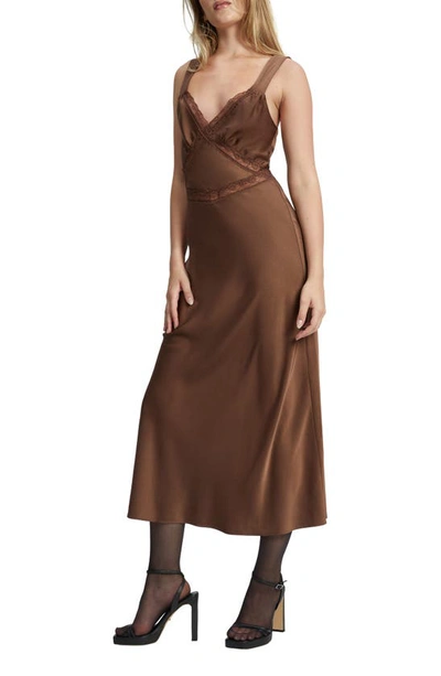 Shop Bardot Emory Lace Trim Cutout Satin Midi Slipdress In Chocolate