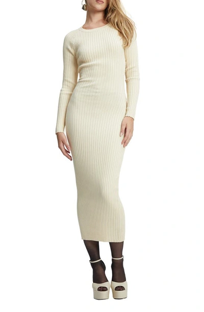Shop Bardot Vigo Rib Twist Back Cutout Long Sleeve Midi Sweater Dress In Cream