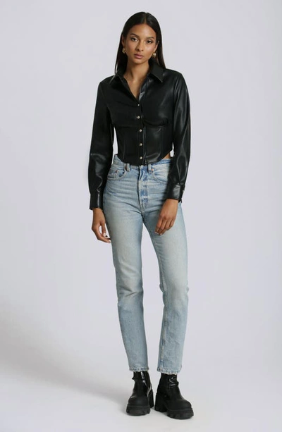 Shop Avec Les Filles Faux-ever Leather™ Long Sleeve Cropped Corset Shirt In Black