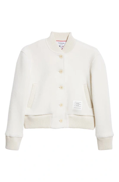 Shop Thom Browne Tricolor Trim Wool Fleece Crop Bomber Jacket In Natural White