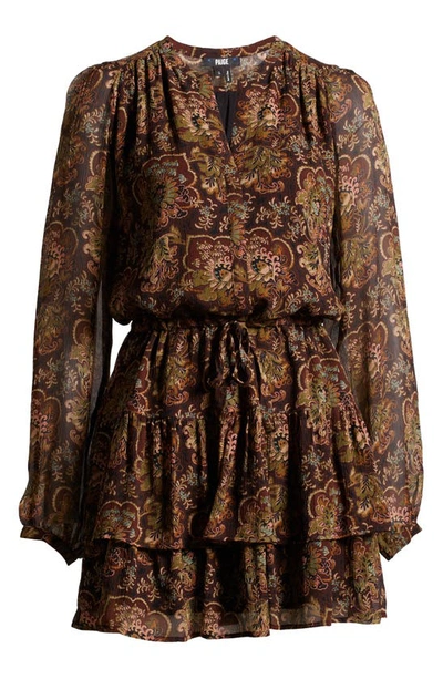 Shop Paige Elias Floral Long Sleeve Silk Dress In Black/ Brown