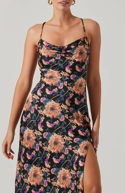 Shop Astr Gaia Strappy Bias Cut Satin Midi Dress In Black Tan Floral