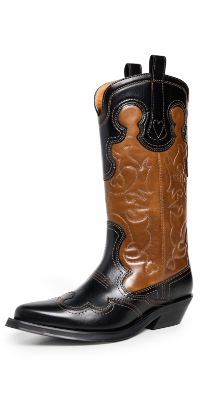 Shop Ganni Mid Shaft Embroidered Western Boots Bicol Blck Tiger's Eye