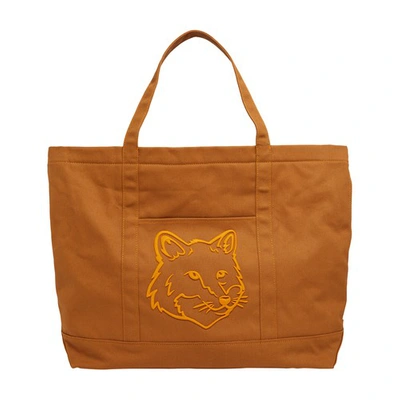 Shop Maison Kitsuné Fox Head Large Tote Bag In Golden_brown