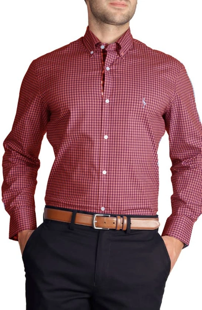Shop Tailorbyrd Regular Fit Gingham Stretch Button-down Shirt In Coral
