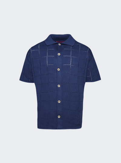 Shop The Elder Statesman Grid Pointelle Short Sleeve Shirt In Blue Jay