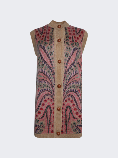 Shop Etro Girocollio Knit Cardigan Vest In Brown And Pink