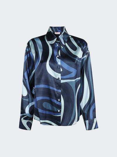 Shop Pucci Marmo-print Silk Long Sleeve Shirt In Indigo Blue
