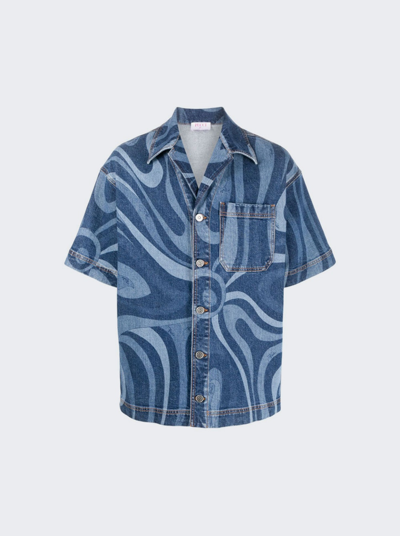 Shop Pucci Marmo-print Short Sleeve Denim Shirt In Blue