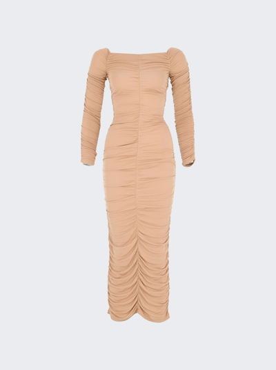 Shop Zeynep Arcay Off The Shoulder Ruched Jersey Maxi Dress In Beige