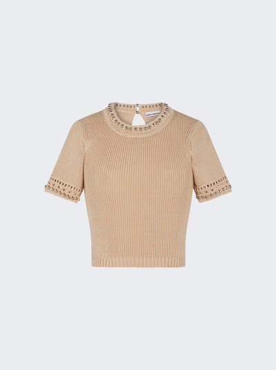 Shop Rabanne Crochet Knit Crop Top In Shiny Beige