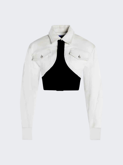 Shop Mugler Cropped Denim Jacket In White And Black