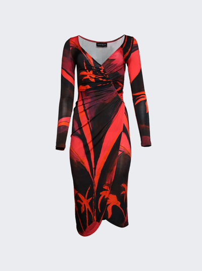 Shop Louisa Ballou Long Sleeve Summer Solstice Midi Dress In Queens Gambit Red