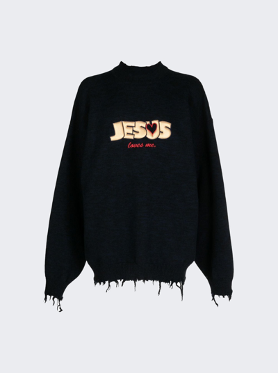 Shop Vetements Jesus Loves You Destroyed Sweater In Navy