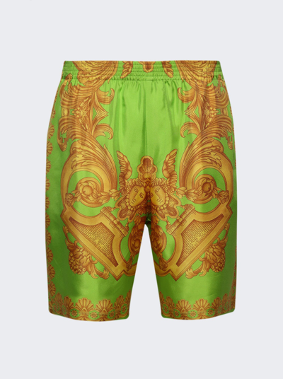 Shop Versace Barocco 660 Silk Shorts In Lime And Gold