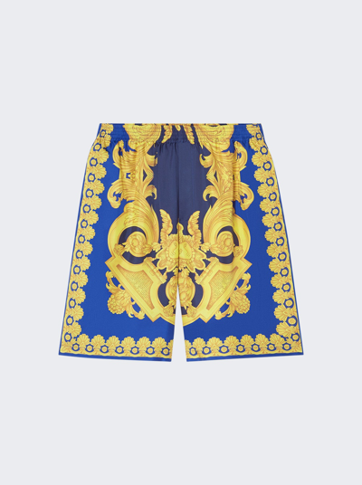 Shop Versace Barocco 660 Silk Shorts In Navy Cobalt And Gold