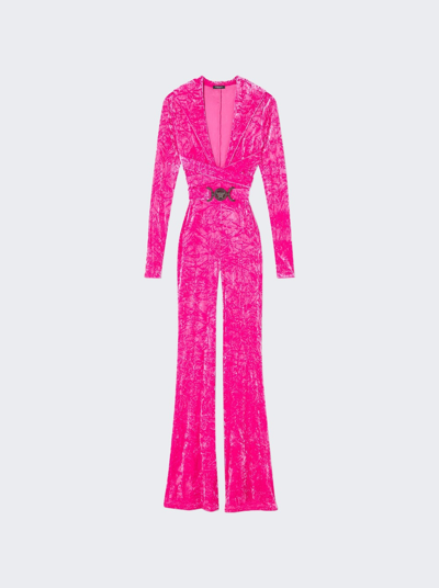 Shop Versace Crushed Velvet Jumpsuit In Glossy Pink