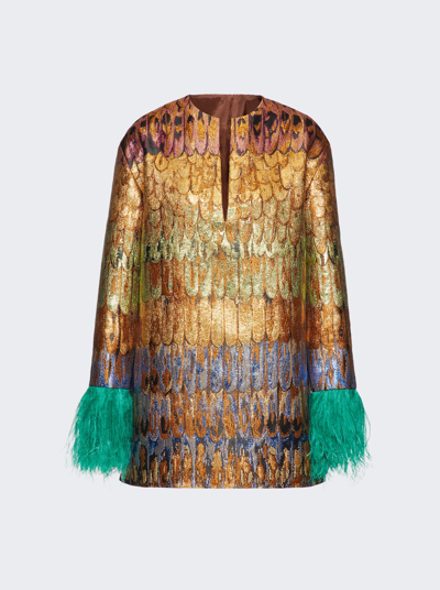 Shop Valentino Golden Wings Brocade Kaftan Dress With Feathers In Multicolor
