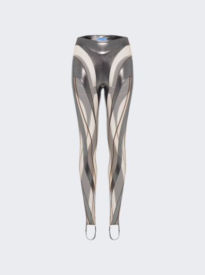 Shop Mugler Metallic Spiral Leggings In Chrome Silver And Nude 01