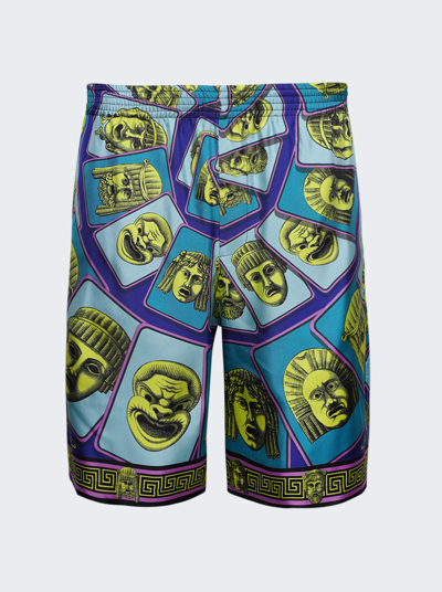 Shop Versace Twill Silk Mask Print Shorts In Acid Green And Teal