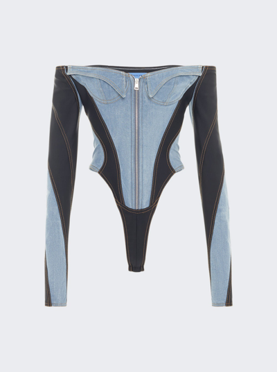 Shop Mugler Off-shoulder Denim Bodysuit In Medium Blue And Black
