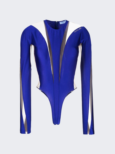 Shop Mugler Sheer Panel Bodysuit In Ultraviolet And Nude 01